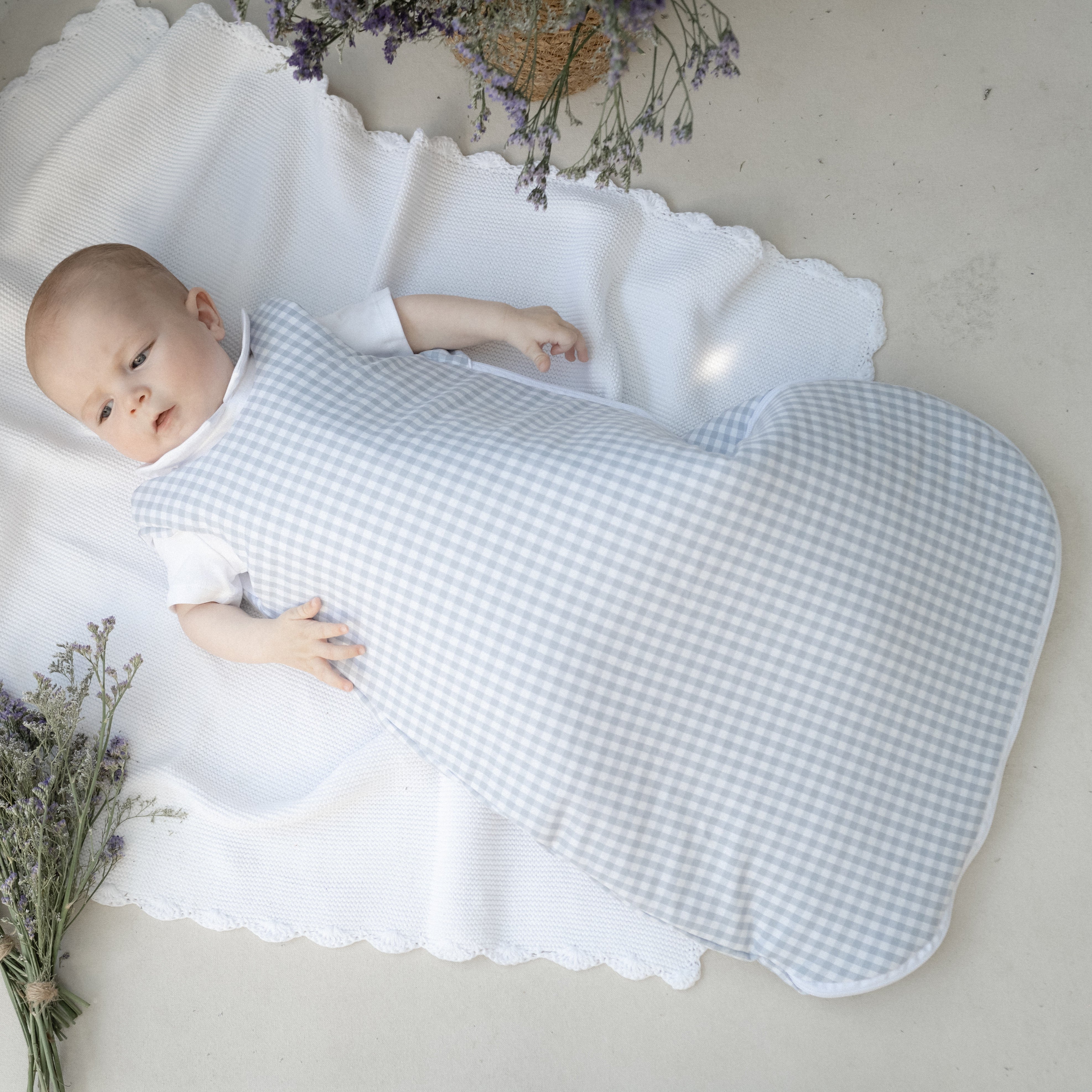 Saquito de dormir verano cuadros azul/gris